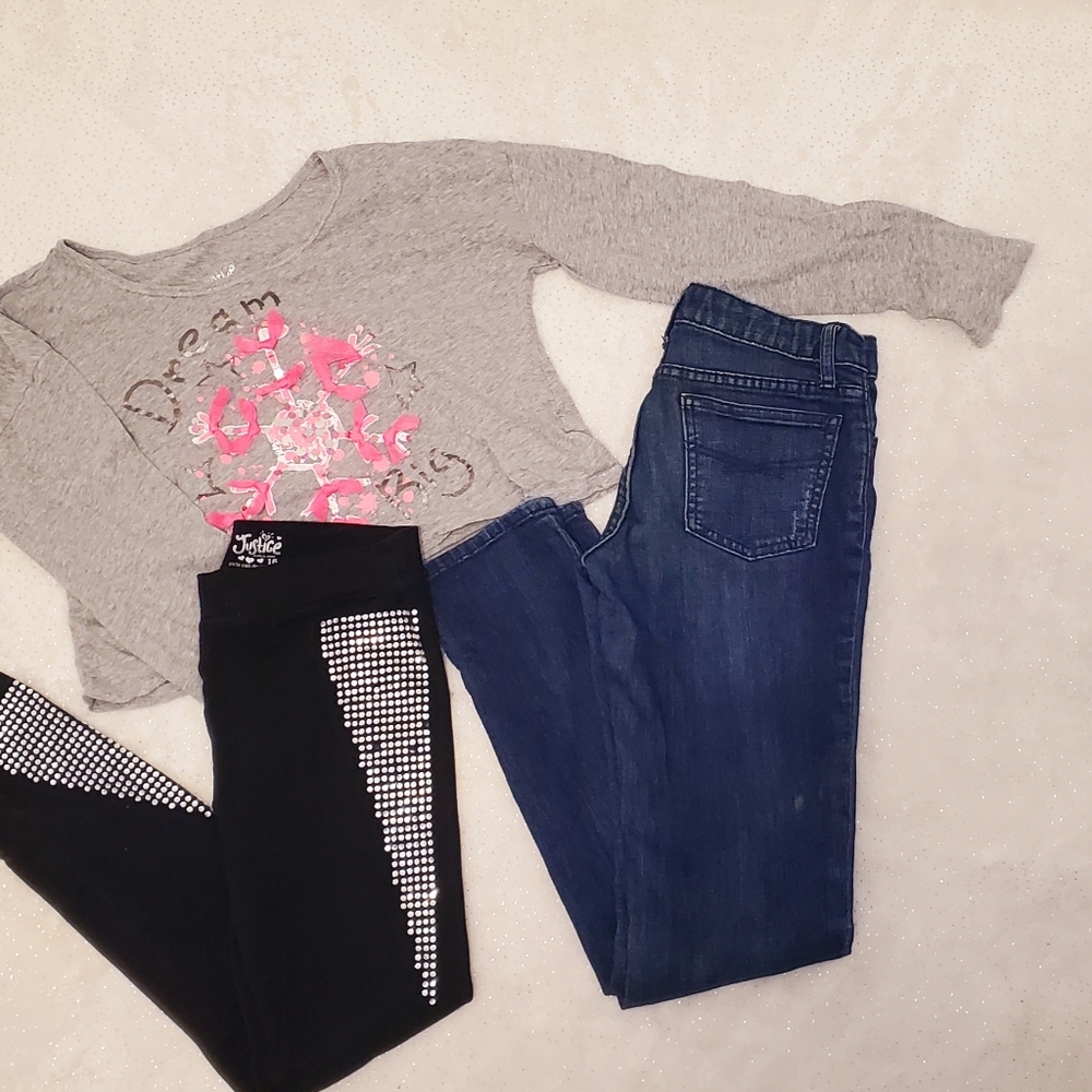 Girls. Long sleeve shirt with 2 pair of pants. Size. 12